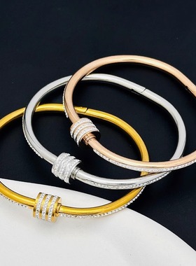 现货跨境欧美小蛮腰新款钛钢ins玫瑰金银镶钻镀金不掉色女士手镯