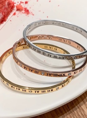 欧美时尚个性罗马数字轻奢钛钢手镯男女情侣冷淡风手环不掉色