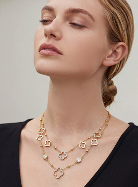 谜丽简约四叶花微镶锆石夹珠项链镀18k真金时尚轻奢Y字叠戴锁骨链