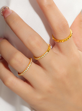 轻奢精致半圈镶钻铆钉钛钢戒指个性日韩时尚潮流食指戒指女不掉色