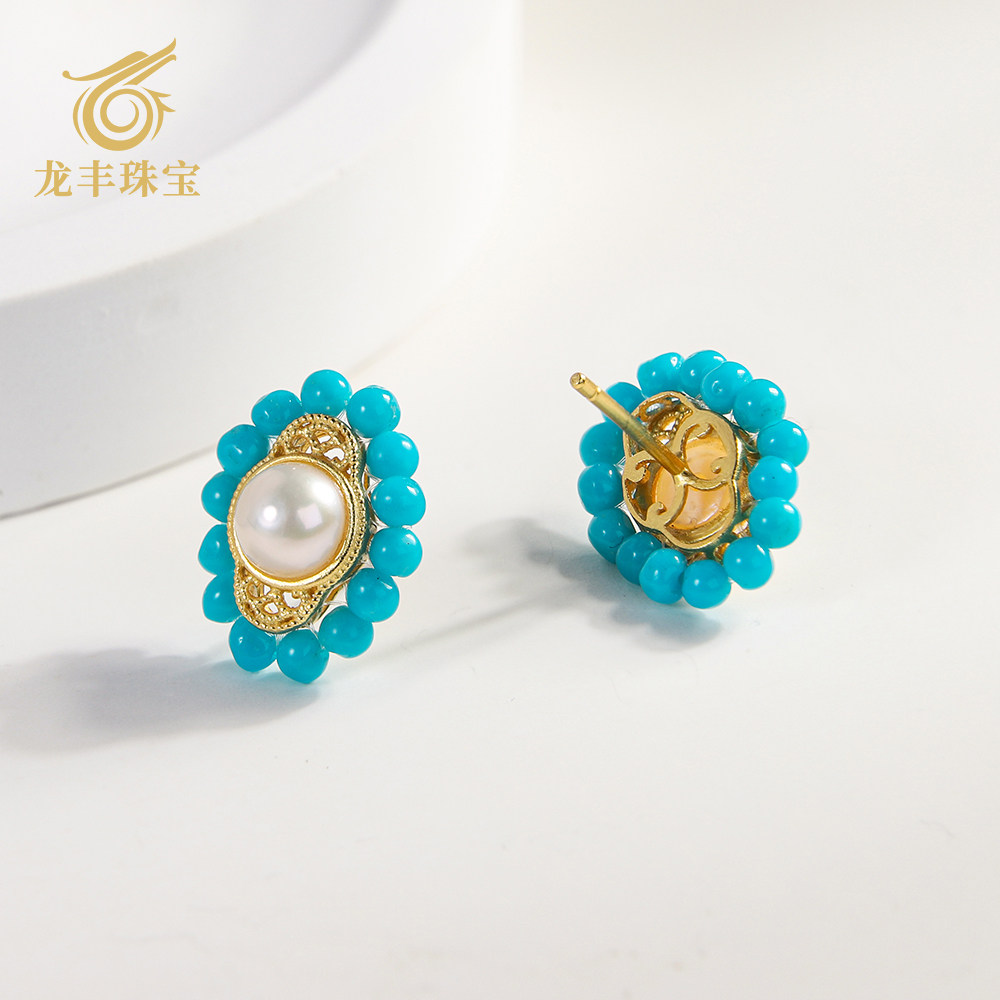 龙丰绿松轩天然绿松石耳钉银镀18K金正品美松籽料珍珠高级感耳饰,淘宝优惠券,粉丝福利购,淘宝优惠卷