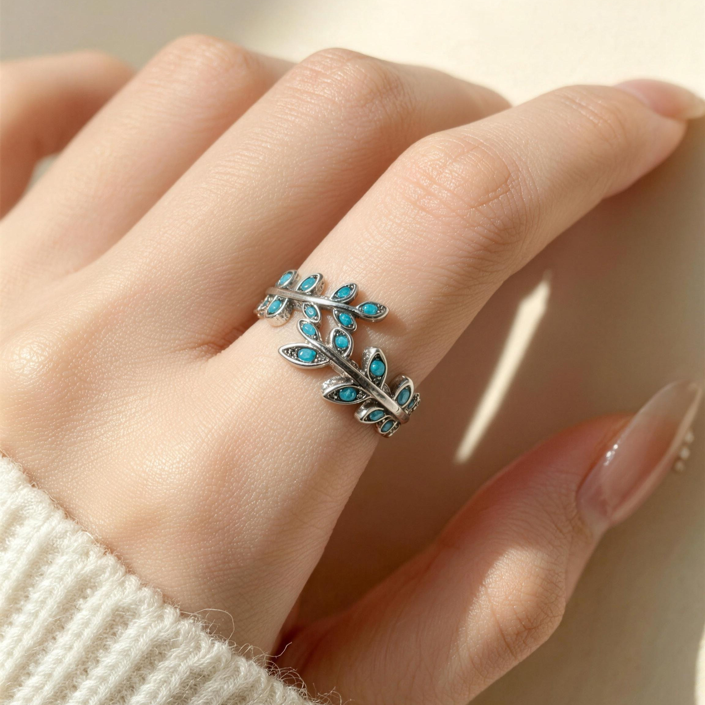 Turquoise Ring Women's S925 Silver American Pine Leaf