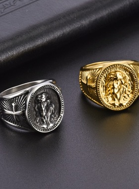 祥饰帝复古头像人像十字架戒指