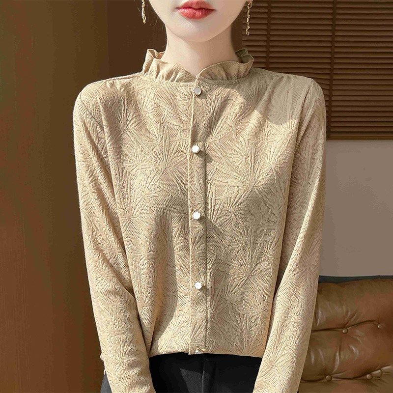 高级感木耳边衬衫女内搭针织打底衫重磅镂空提花长袖立领衬衣秋冬,淘宝优惠券,粉丝福利购,淘宝优惠卷