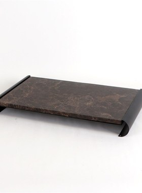 新中式轻奢描金哑黑托盘摆件客厅书房办公室样板间果盘软装摆设