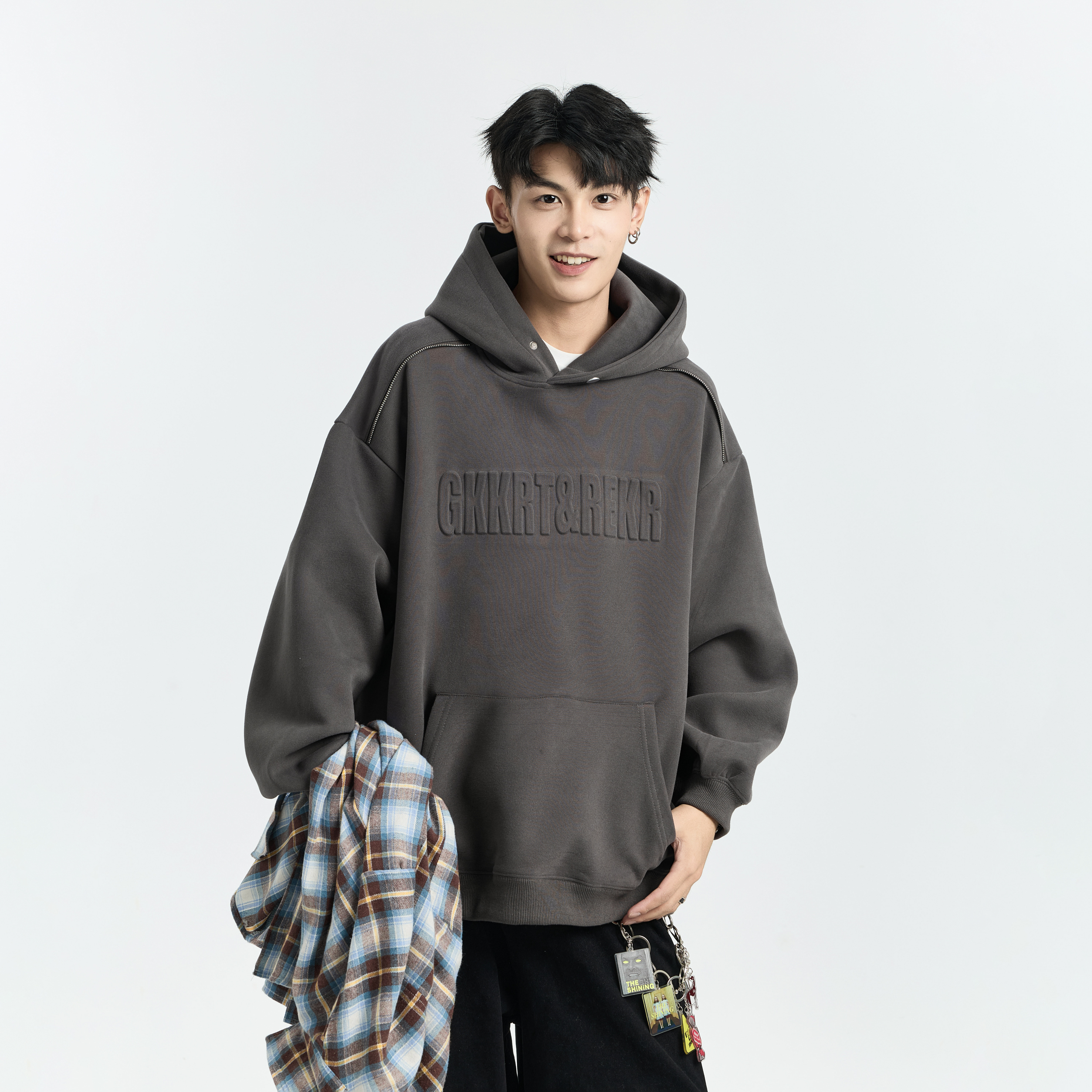 GKKRT潮牌重磅钢印字母连帽卫衣男加绒加厚美式宽松廓形休闲上衣 - 图2