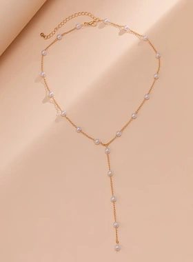 欧美饰品 法式简约叠戴长款珍珠项链 复古冷淡风甜酷颈链项饰