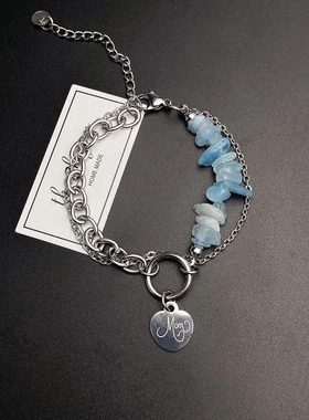 新款不规则蓝色粉红色石头串拼接手链个性气质小众创意潮手饰品夏