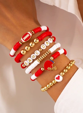 欧美饰品 超级碗亚克力串珠手链 不规则软陶字母合金手串套装