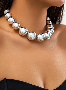 欧美饰品 朋克夸张大圆珠项圈锁骨链 热销几何珠子串珠项链女