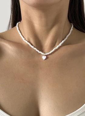 欧美饰品 滴油桃心简约米珠手工项链 几何型叠戴串珠项饰