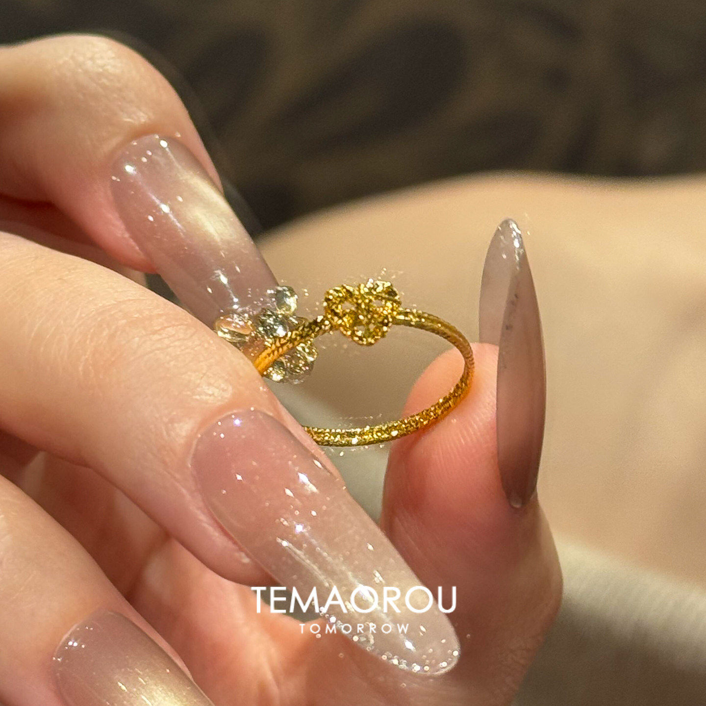 Golden sparkling crushed ice love ring for women