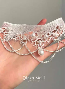 法式白色仿珍珠蕾丝项链女吊坠