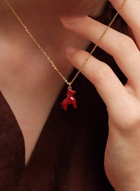 新年红色滴釉小马项链女