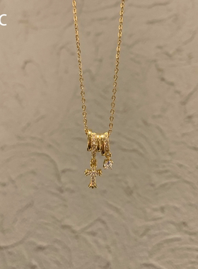 vintage中古金色仿钻十字架项链
