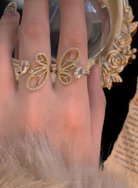 法式爆闪金色镂空蝴蝶戒指女