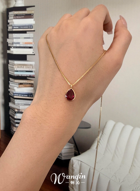 法式复古红色水滴吊坠项链女