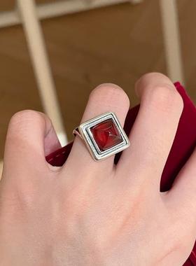 新年朱樱红方形戒指女