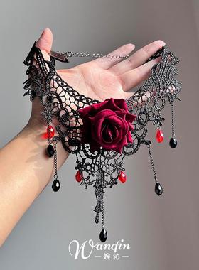法式复古红色玫瑰花流苏项链女