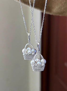 银色仿珍珠花篮项链女颈链