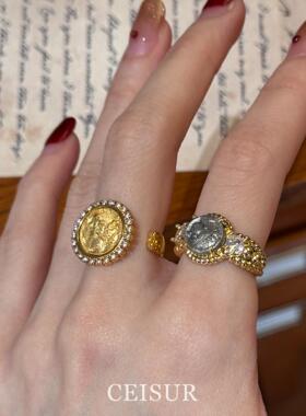 中古vintage古币开口戒指女