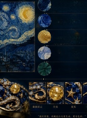 中古油画风星月夜珐琅戒指女