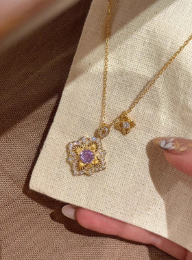 复古金色拉丝四叶花仿钻项链女