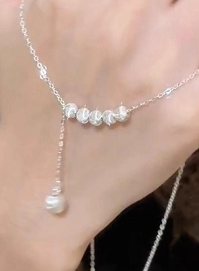 银色拉丝仿猫眼石串珠项链女