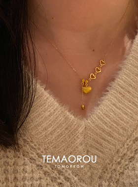 不掉色！金色拉丝爱心流苏项链女