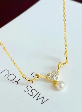 s925银鹿角心形珍珠项链女冷淡风秋冬轻奢女友礼物锁骨链