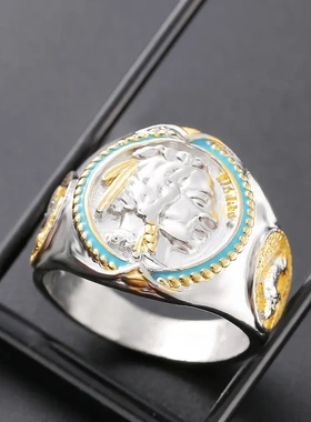 嘻哈双色合金电镀18k黄金戒指西部牛仔印第安人 自由之战维京指环