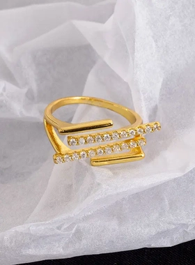 铜镀金小众日韩多层镶钻戒指女简约轻奢冷淡风开口食指戒潮