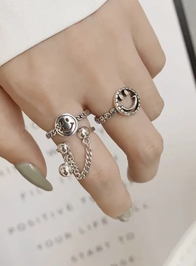 双层笑脸开口戒指女复古网红ins潮时尚小众设计感食指指环尾戒女