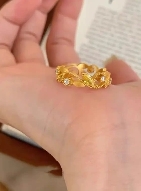 重工！中古鸢尾花蕾丝镶钻超闪戒指女生款小众设计轻奢高级感铜