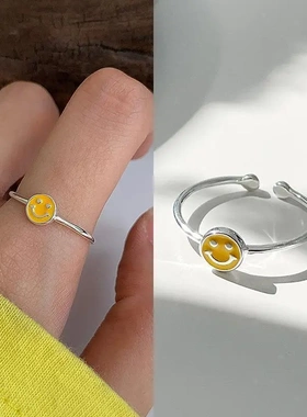 简约笑脸戒指女韩版时尚个性设计感s925银开口指环叠戴食指戒铜