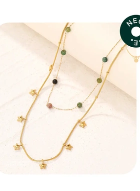 新品不锈钢潮流饰品女双层精美连珠立体星星金色个性百搭项链电镀