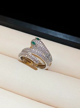 真金电镀锆石蛇形缠绕开口戒指女小众夸张设计食指戒个性轻奢手饰