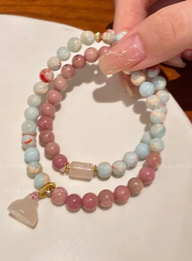 新中式寿山石珍珠佛珠结手链新款复古手串闺蜜情侣串珠手饰电镀