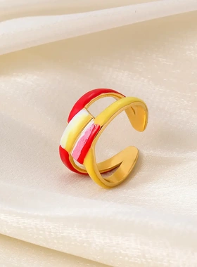 新款欧美个性创意不锈钢彩色涂鸦开口戒戒指百搭钛钢活口戒女简约