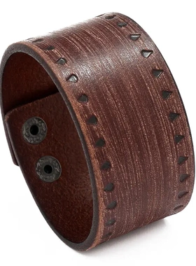 欧美嘻哈饰品简约压印复古做旧牛皮手链朋克风宽皮男士手环皮质