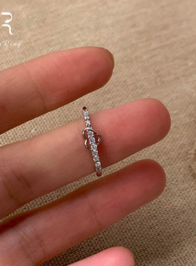 韩系银色窄边仿排钻爱心戒指女