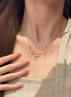 双层一体月牙星芒流苏项链女配饰