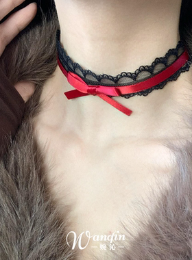 复古甜美蕾丝红色蝴蝶结项链