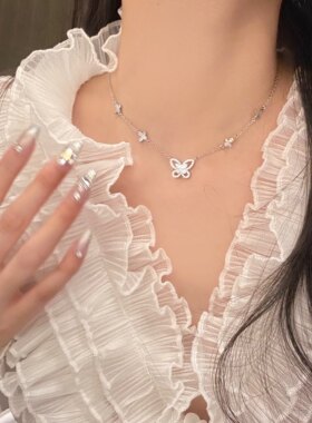 银色爆闪蝴蝶结水滴项链女2026年