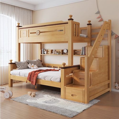 重庆大川家具城原木色全实木上下床儿童子母床走梯步柜双层高低床 - 图0