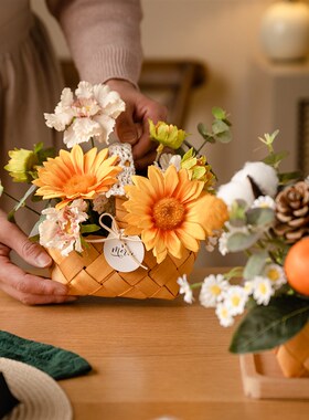 创意38妇女节花卉草编花篮桌面摆件仿真花假花客厅装饰干花装饰品
