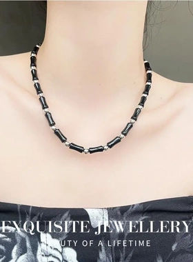 国潮新中式黑色竹节项链双层叠戴辣妹锁骨链个性小众网红百搭颈链