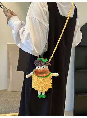成品手工编织香肠嘴手机包斜挎包毛线针织丑萌美少女单肩包可爱潮