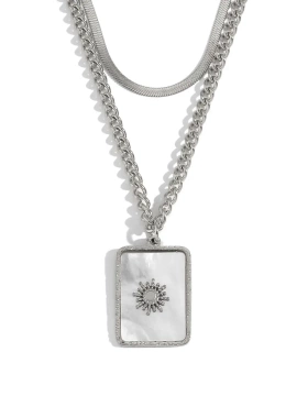 欧美时尚小众个性项坠不锈钢18k双层刀片链扭链方形贝壳太阳项链