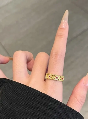 宫廷风复古金色珐琅竹节戒指女新中式轻奢高级感可调节食指戒指环